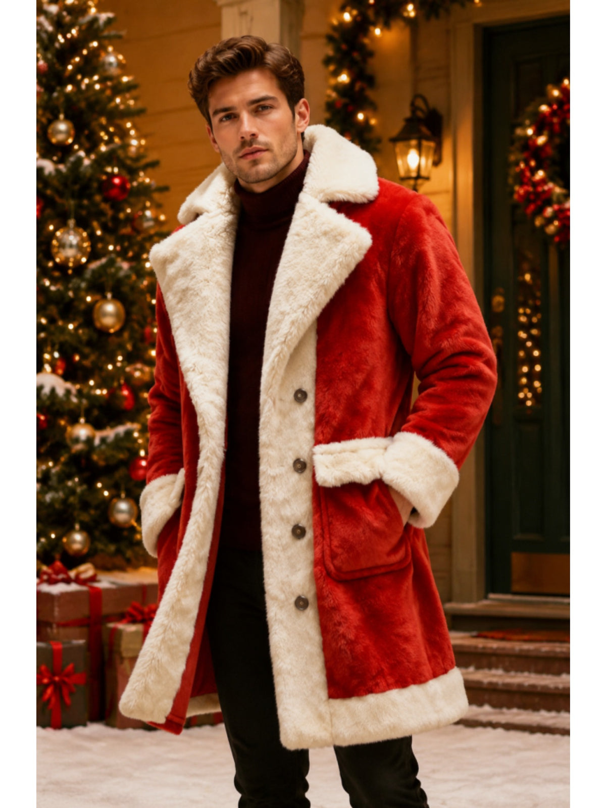Manteau en fausse fourrure mi-long pour homme, à revers