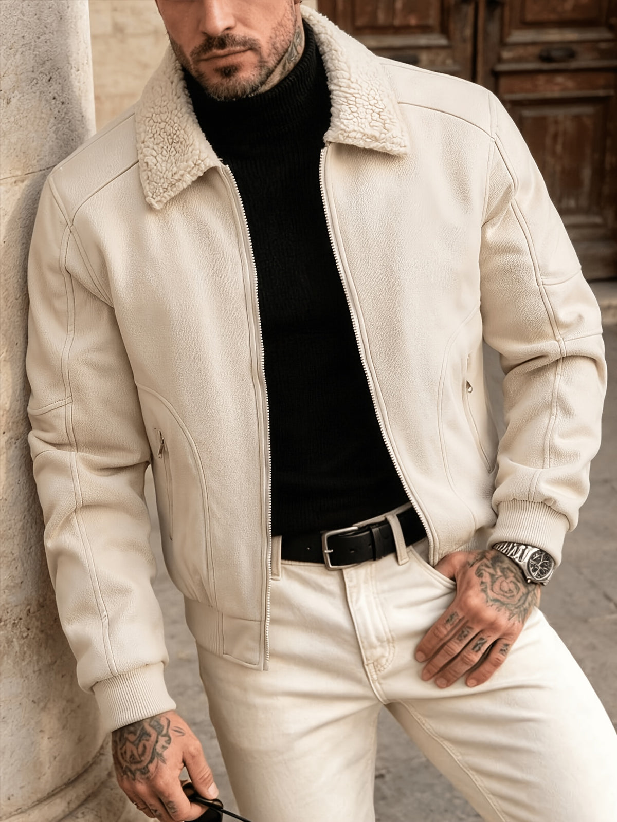 Veste pour homme, polaire, à revers, col montant