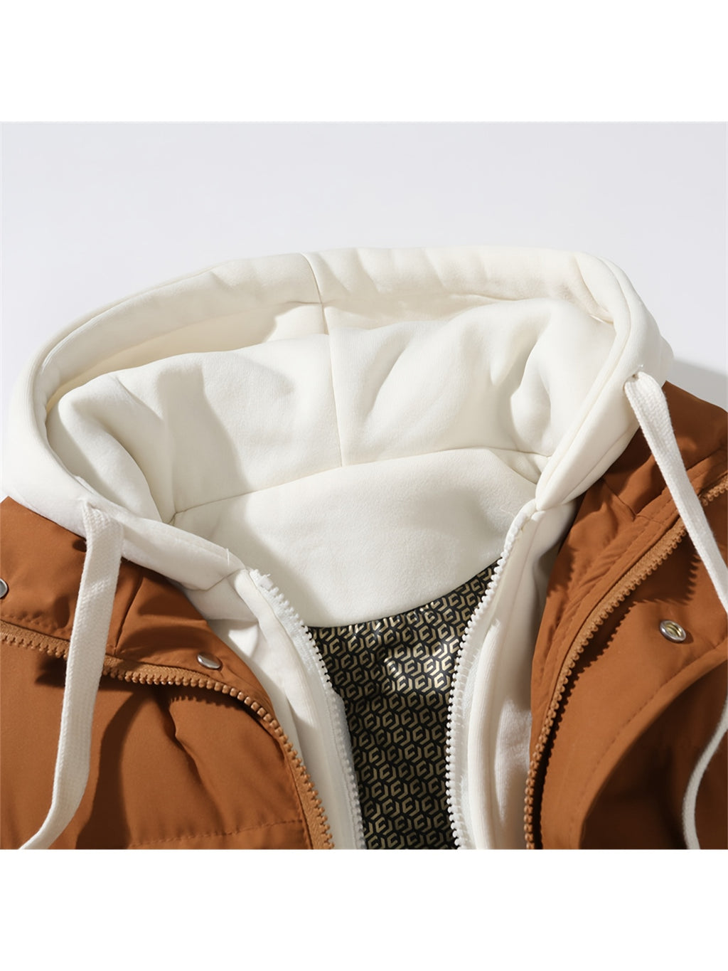 Gilet d'hiver chaud, design tendance sans manches aspect 2-en-1, capuche à cordon de serrage réglable, fermeture avant double ouverture par boutons-pression et fermeture éclair, poche de rangement pratique à insertion latérale, détails de bordu, photo 13