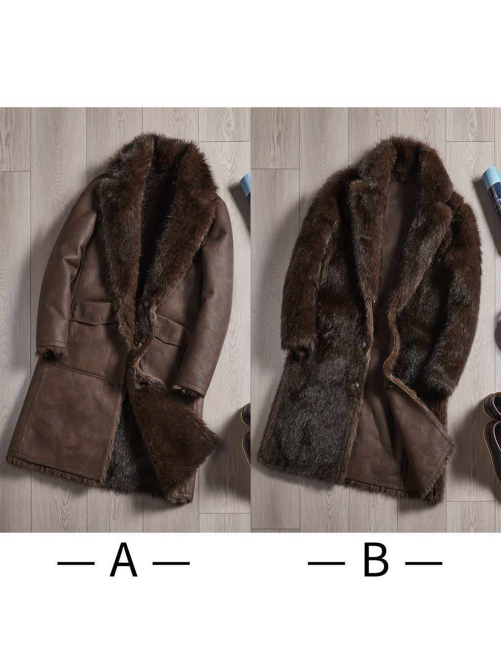 Manteau en fausse fourrure long pour homme, à revers, jaune marron