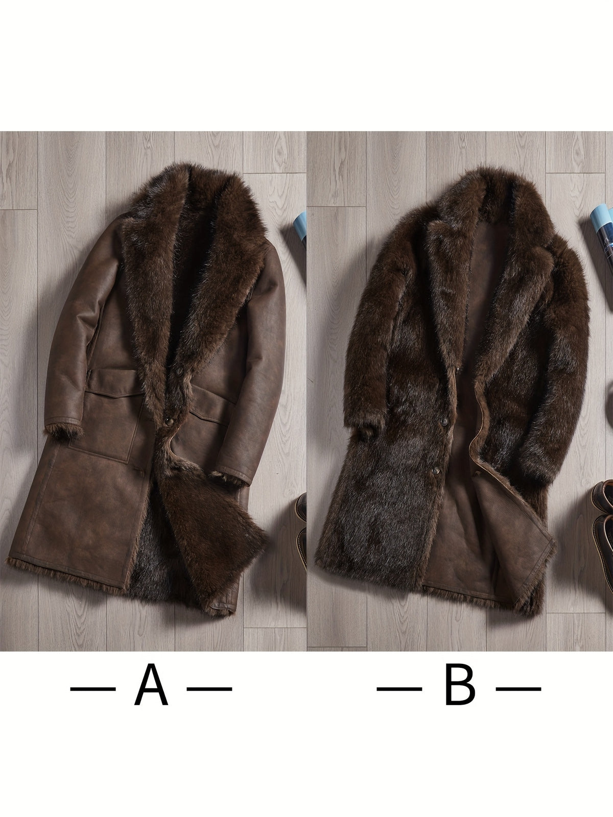 Manteau en fausse fourrure long pour homme, à revers, jaune marron