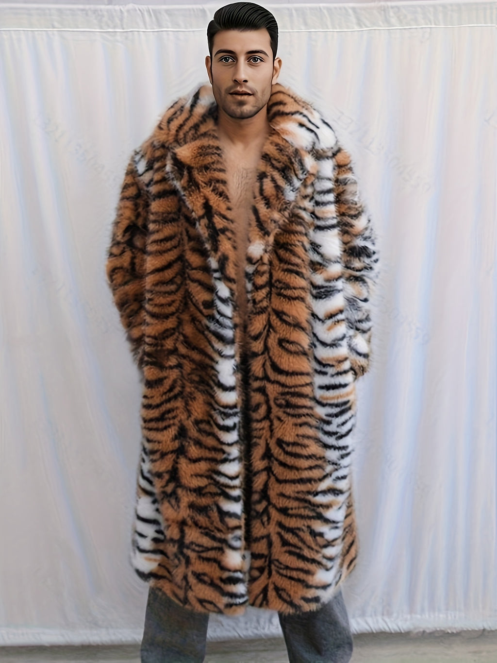 Manteau en fausse fourrure long pour homme, à revers, long