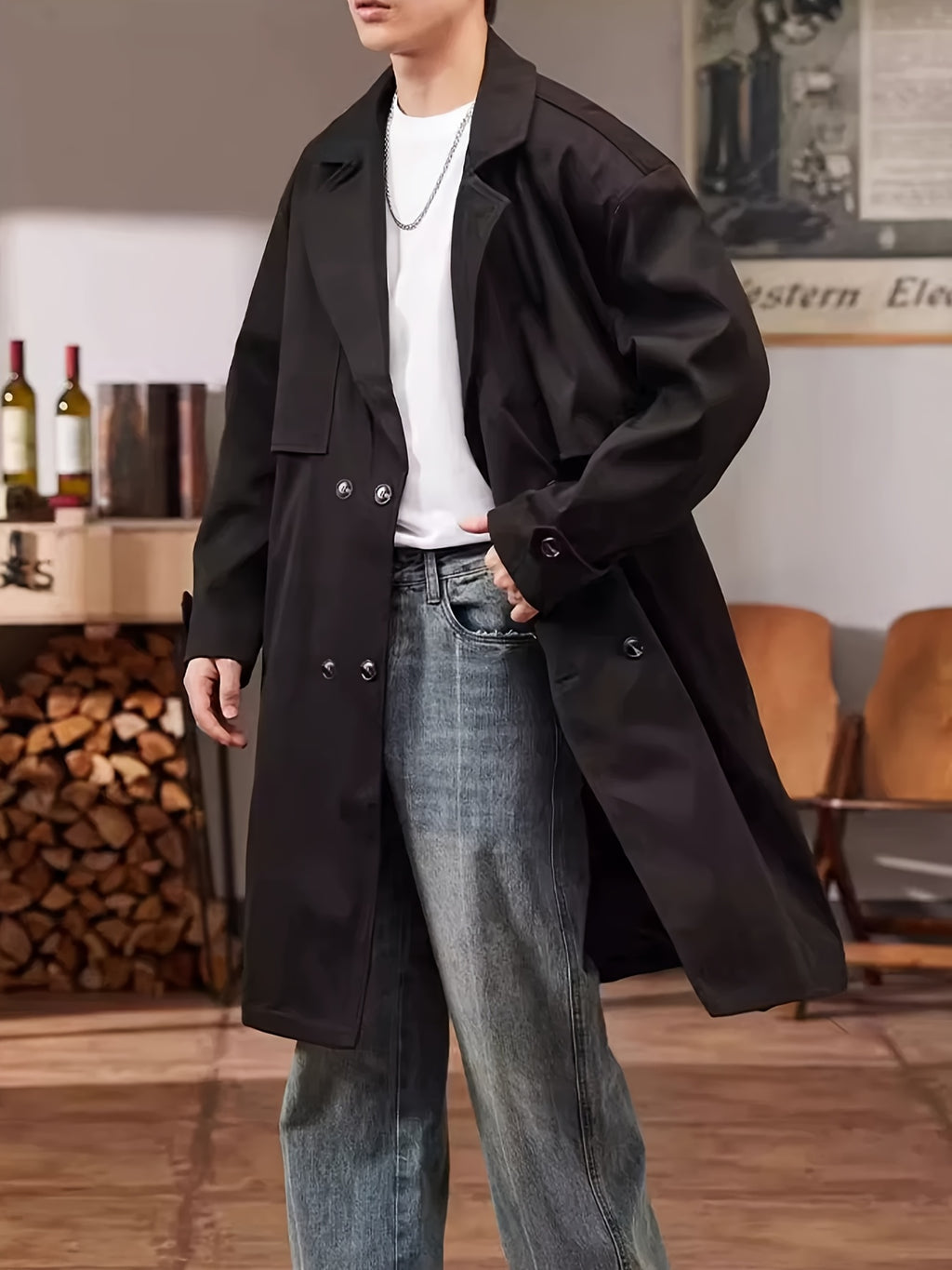 Trench mi-long pour homme, à revers
