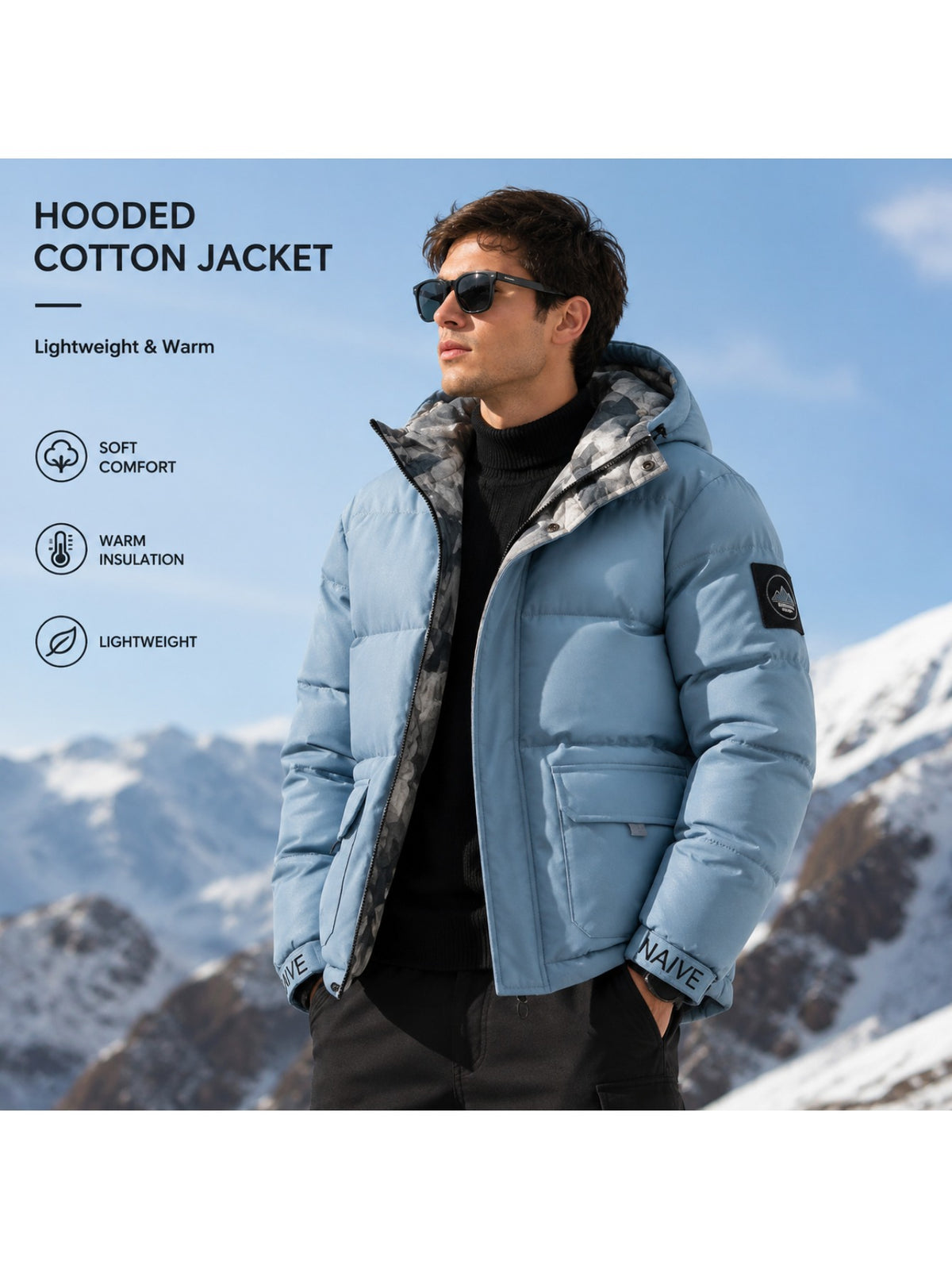 Veste matelassée pour homme, coupe-vent, à capuche, bleu brume