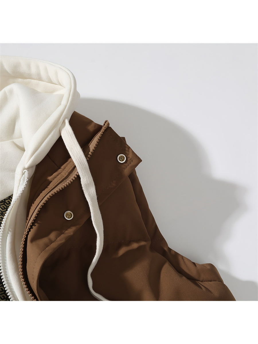 Gilet d'hiver chaud, design tendance sans manches aspect 2-en-1, capuche à cordon de serrage réglable, fermeture avant double ouverture par boutons-pression et fermeture éclair, poche de rangement pratique à insertion latérale, détails de bordu, photo 24