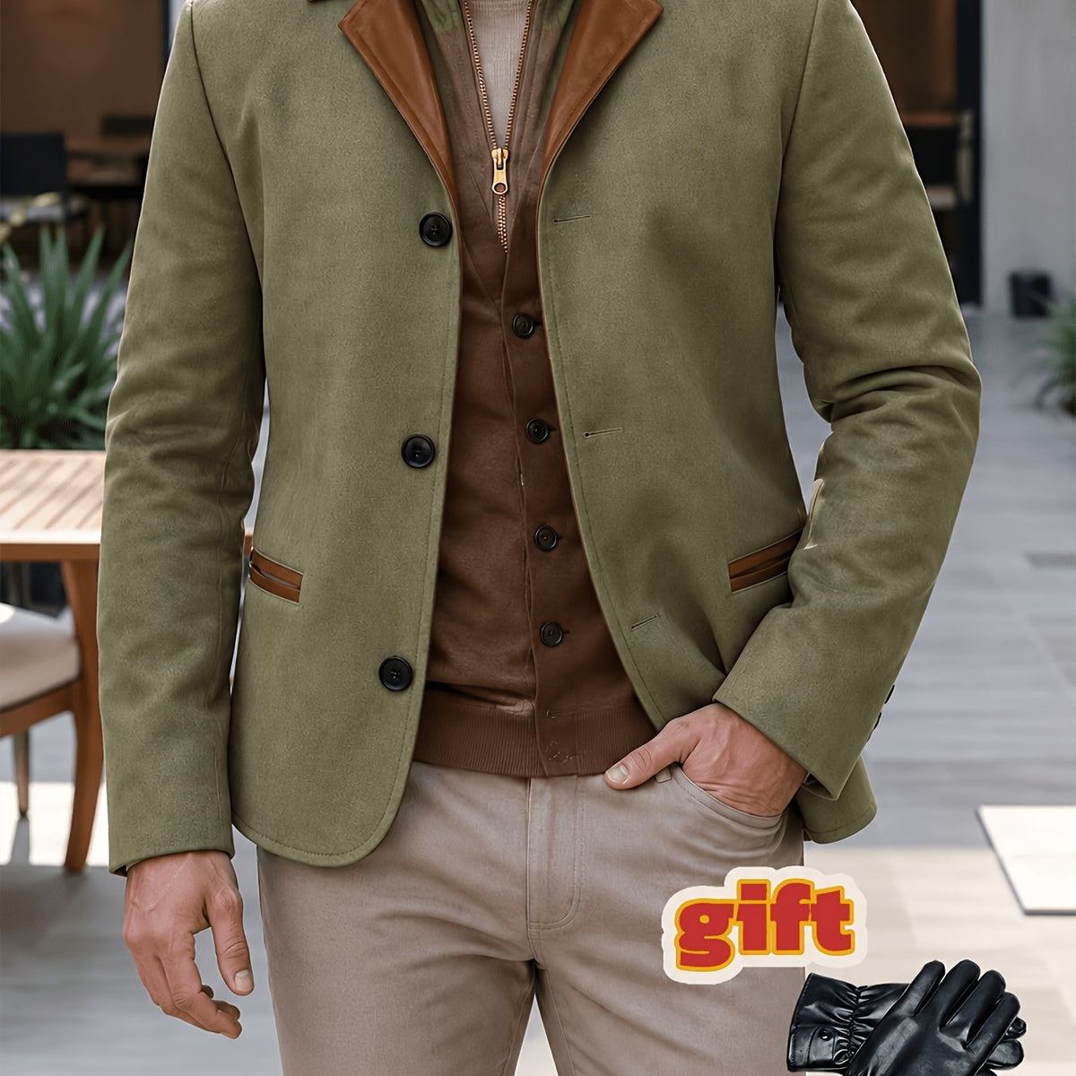 Manteau, tweed, à revers, bleu, coloris kaki Image