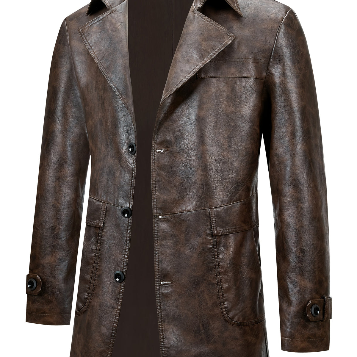 Manteau Homme Mi-Long Boutonné à Revers, Veste Rétro Facile et Décontractée en PU, coloris couleur café Image
