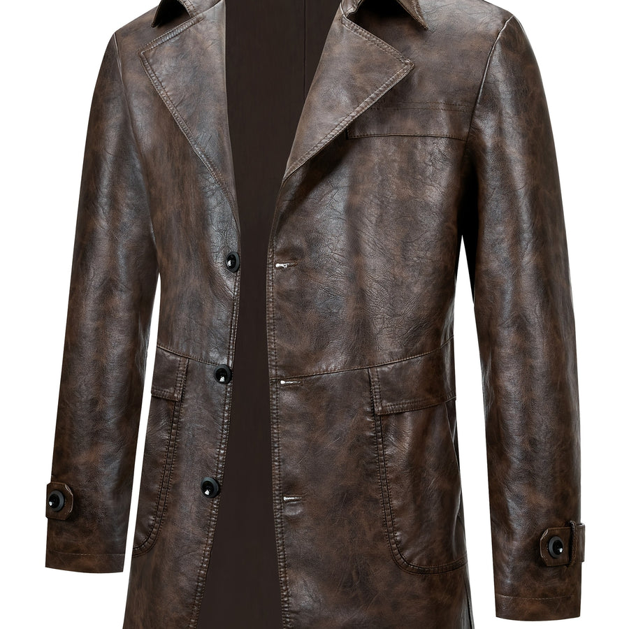 Manteau Homme Mi-Long Boutonné à Revers, Veste Rétro Facile et Décontractée en PU, coloris couleur café