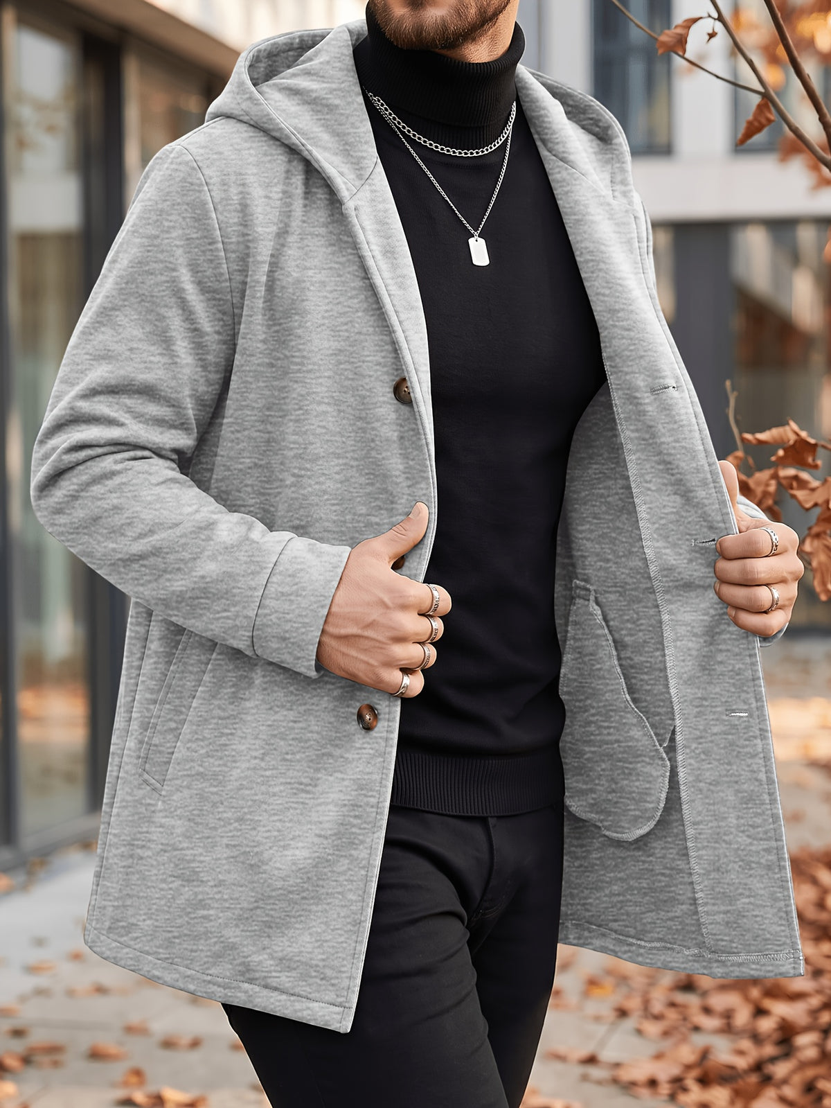 Manteau long pour homme, à capuche, kaki