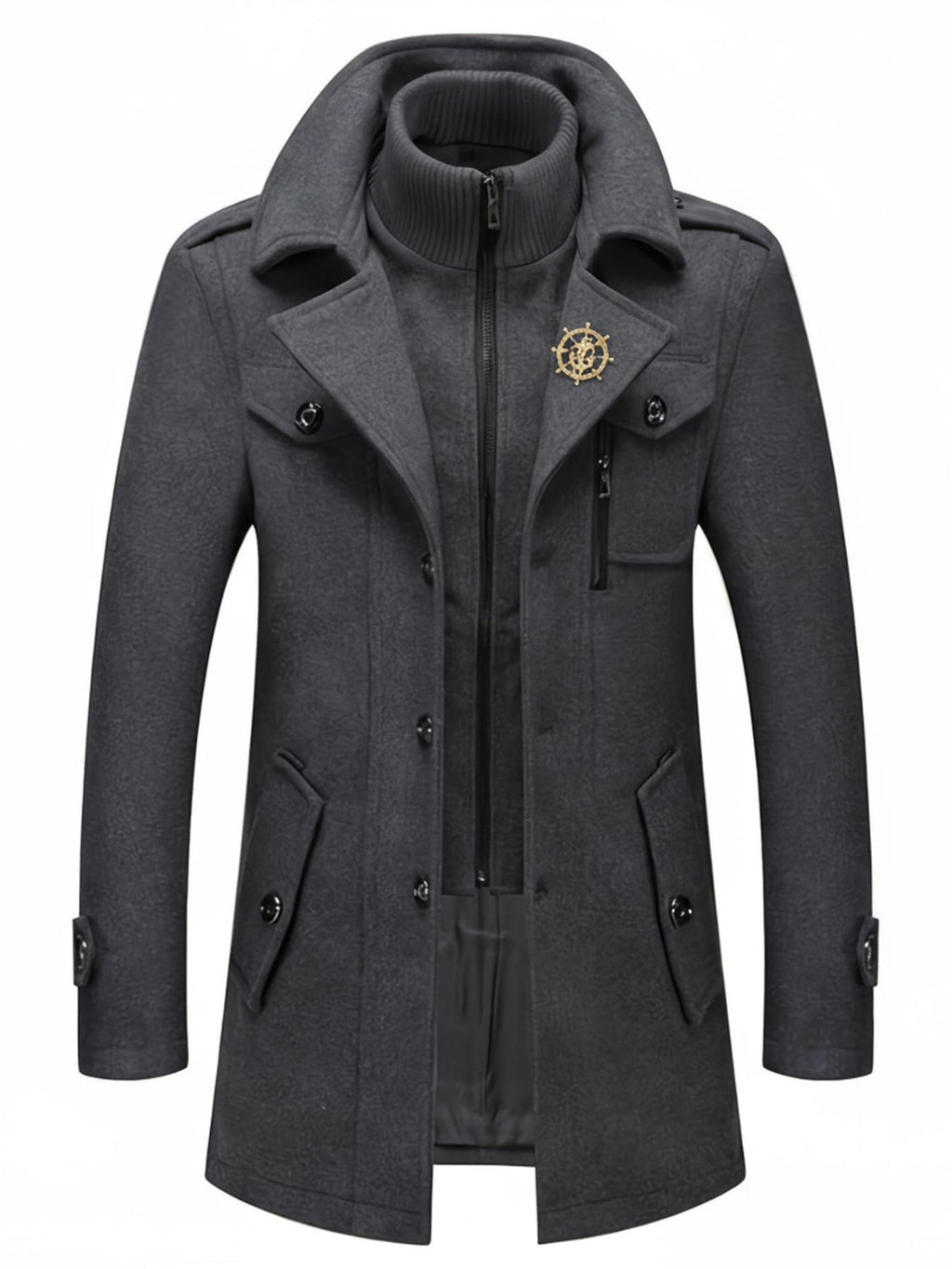Manteau mi-long en laine pour homme, double col, fermeture éclair