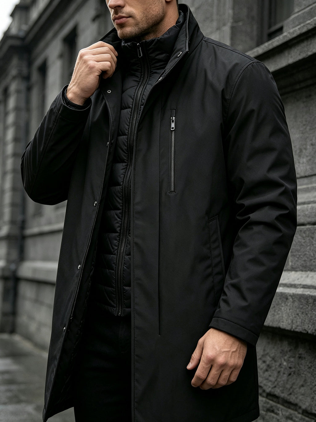 Manteau matelassé long pour homme, à col montant