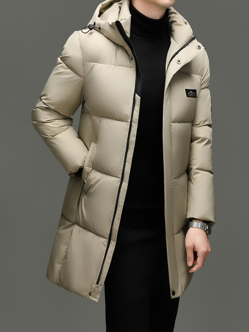 Manteau matelassé long pour homme, à capuche, noir