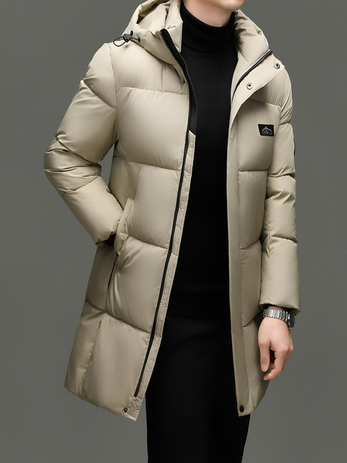 Manteau matelassé long pour homme, à capuche, noir