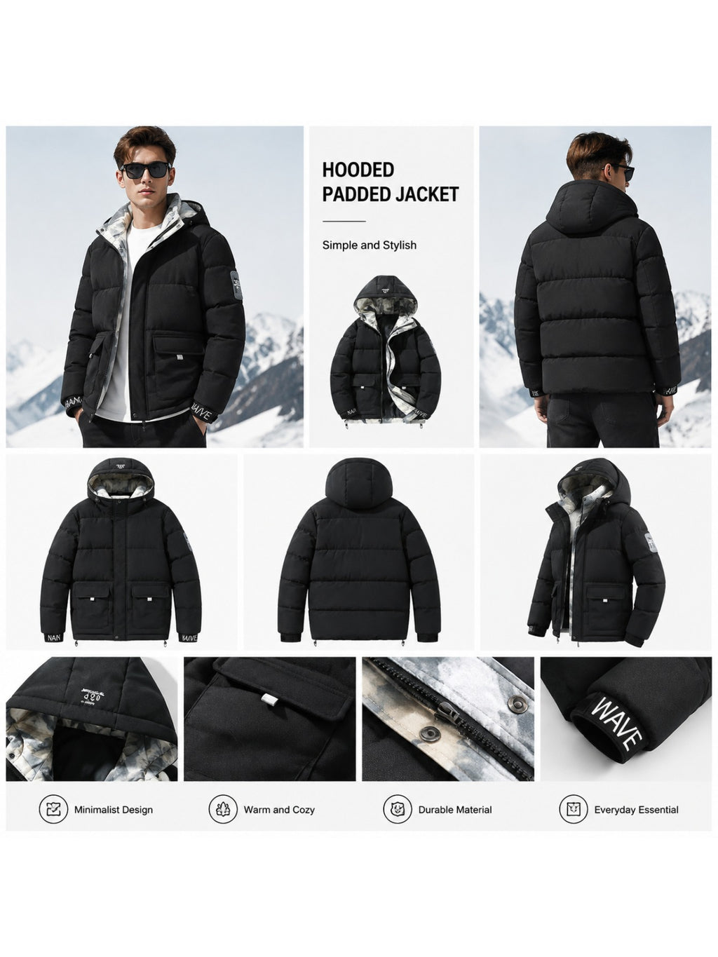 Veste matelassée pour homme, coupe-vent, à capuche, bleu brume
