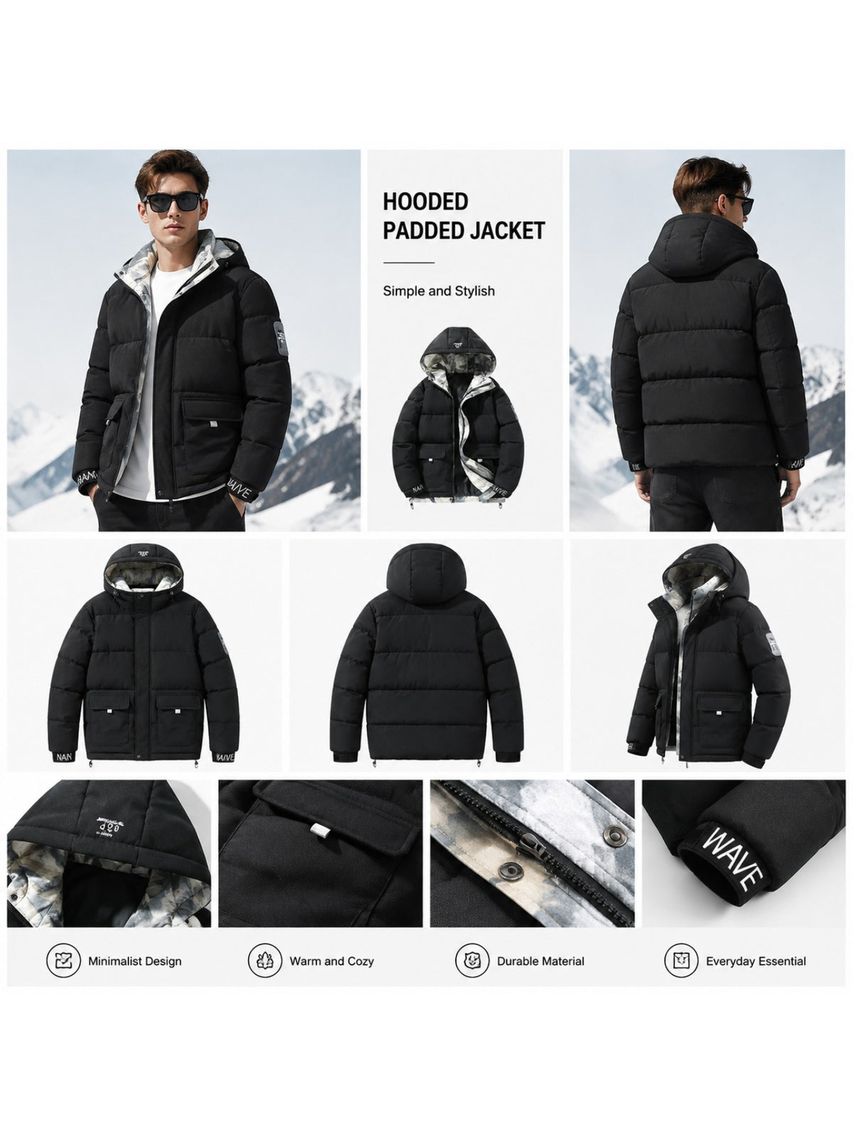 Veste matelassée pour homme, coupe-vent, à capuche, bleu brume