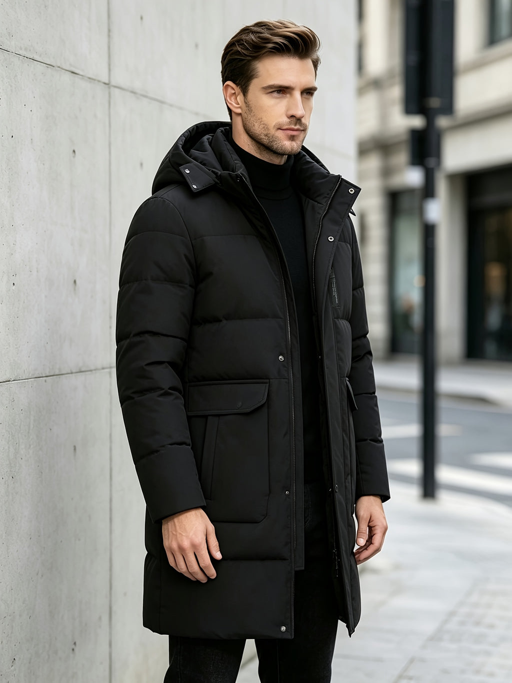 Pardessus matelassé long pour homme, à capuche