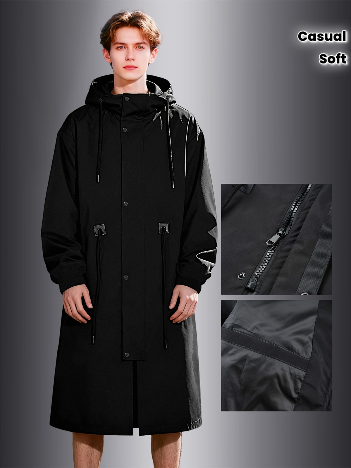 Trench pour homme, à capuche, col montant
