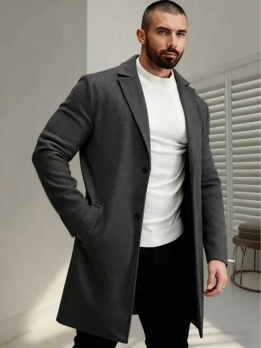 Manteau pour homme, à revers, gris clair