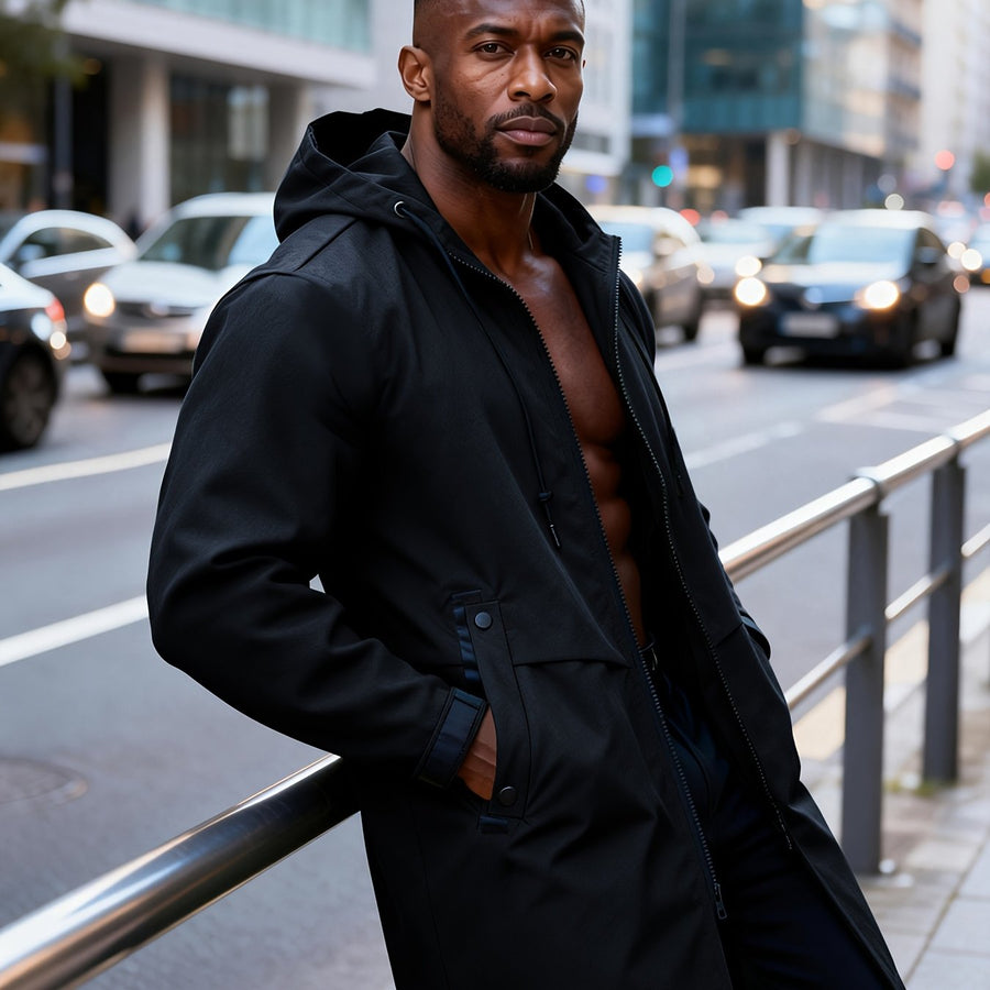 Veste, coupe-vent, à capuche, modele 4, coloris noir, détail