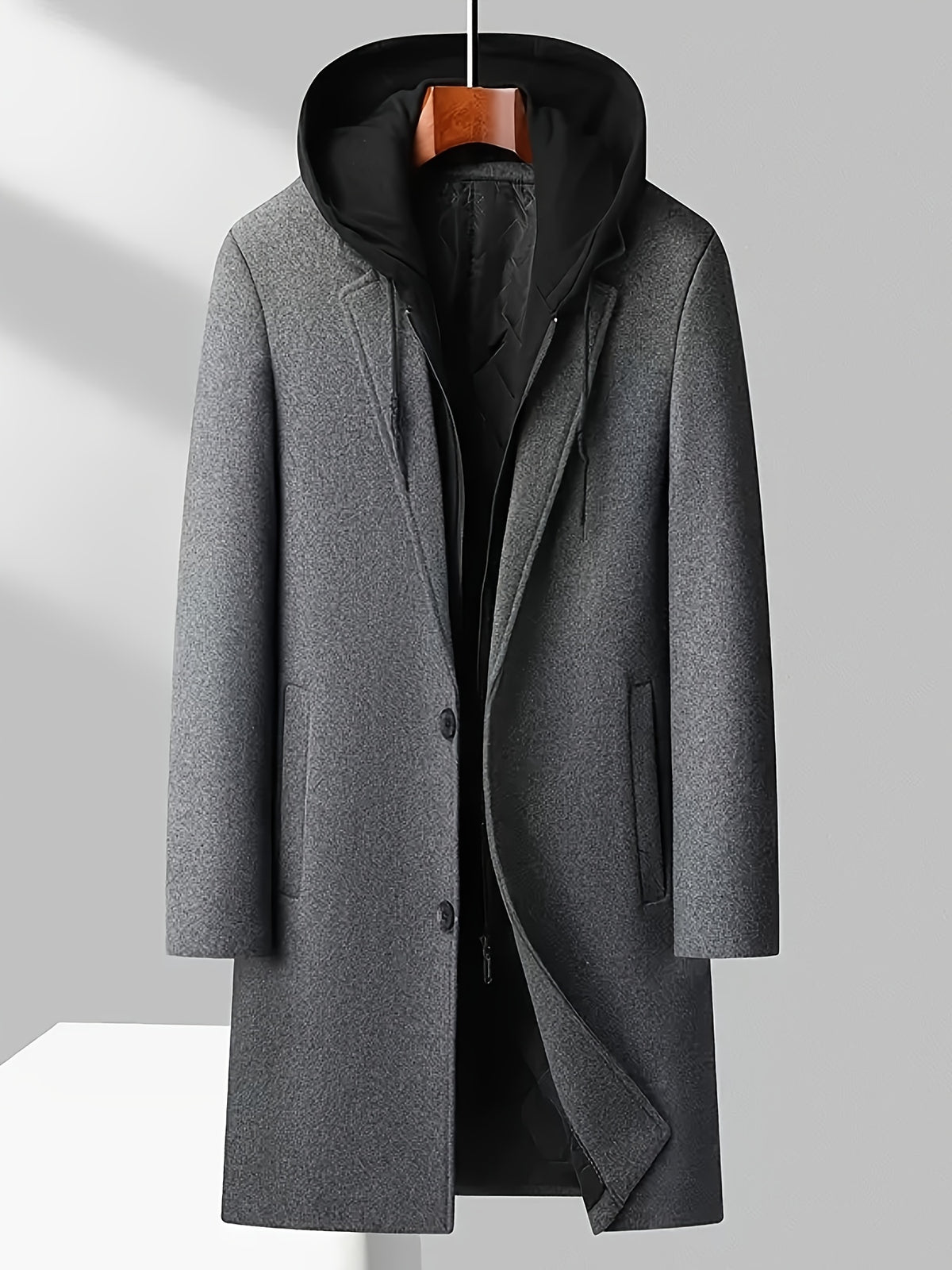 Manteau trench en velours pour homme, 30 % laine, capuche amovible