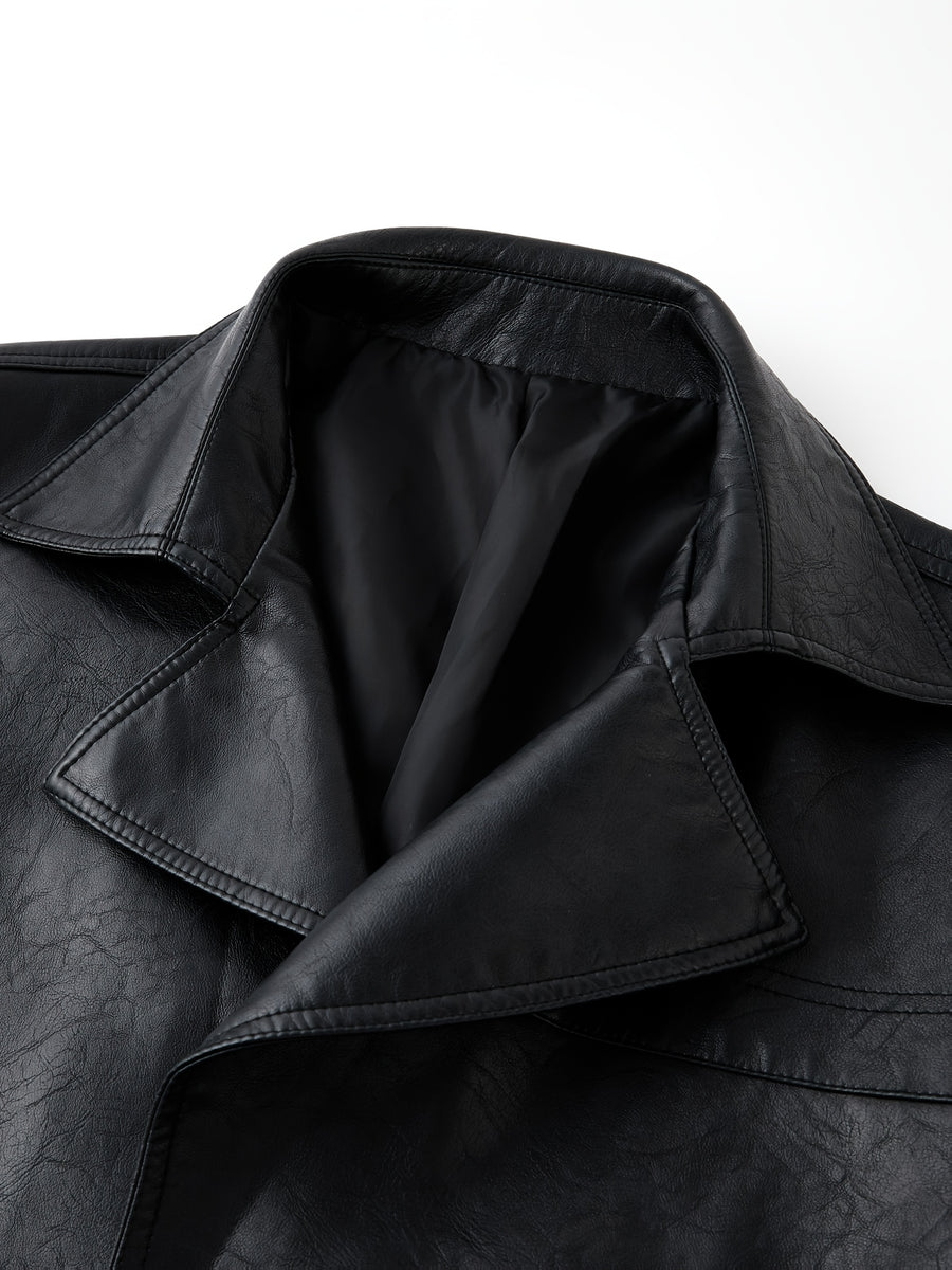 Manteau Homme Mi-Long Boutonné à Revers, Veste Rétro Facile et Décontractée en PU, détail du vêtement