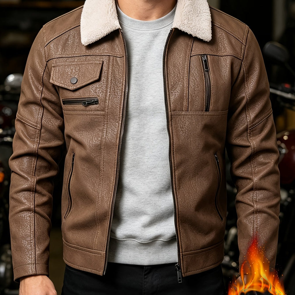 Veste de moto en PU pelucheux avec doublure à revers, doublure épaisse et chaude, tissu à texture vintage, multiples poches à fermeture éclair, coupe slim courte, tenue décontractée américaine pour la conduite et les trajets automne/hiver, vête, coloris marron foncé