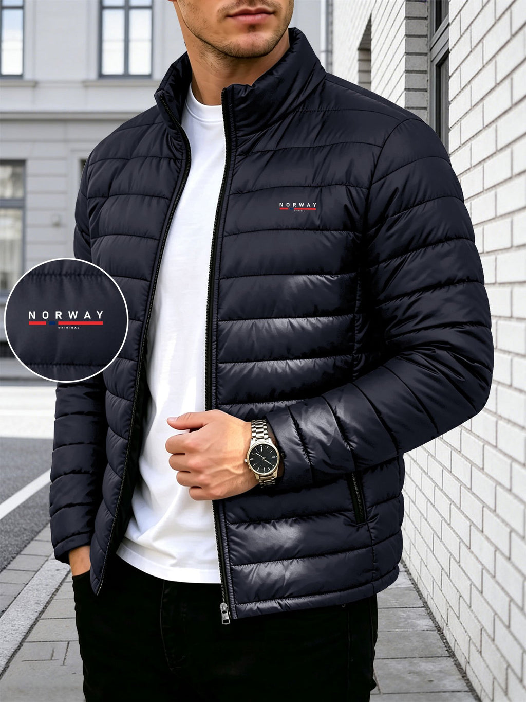 Manteau matelassé pour homme, à col montant, bleu marine