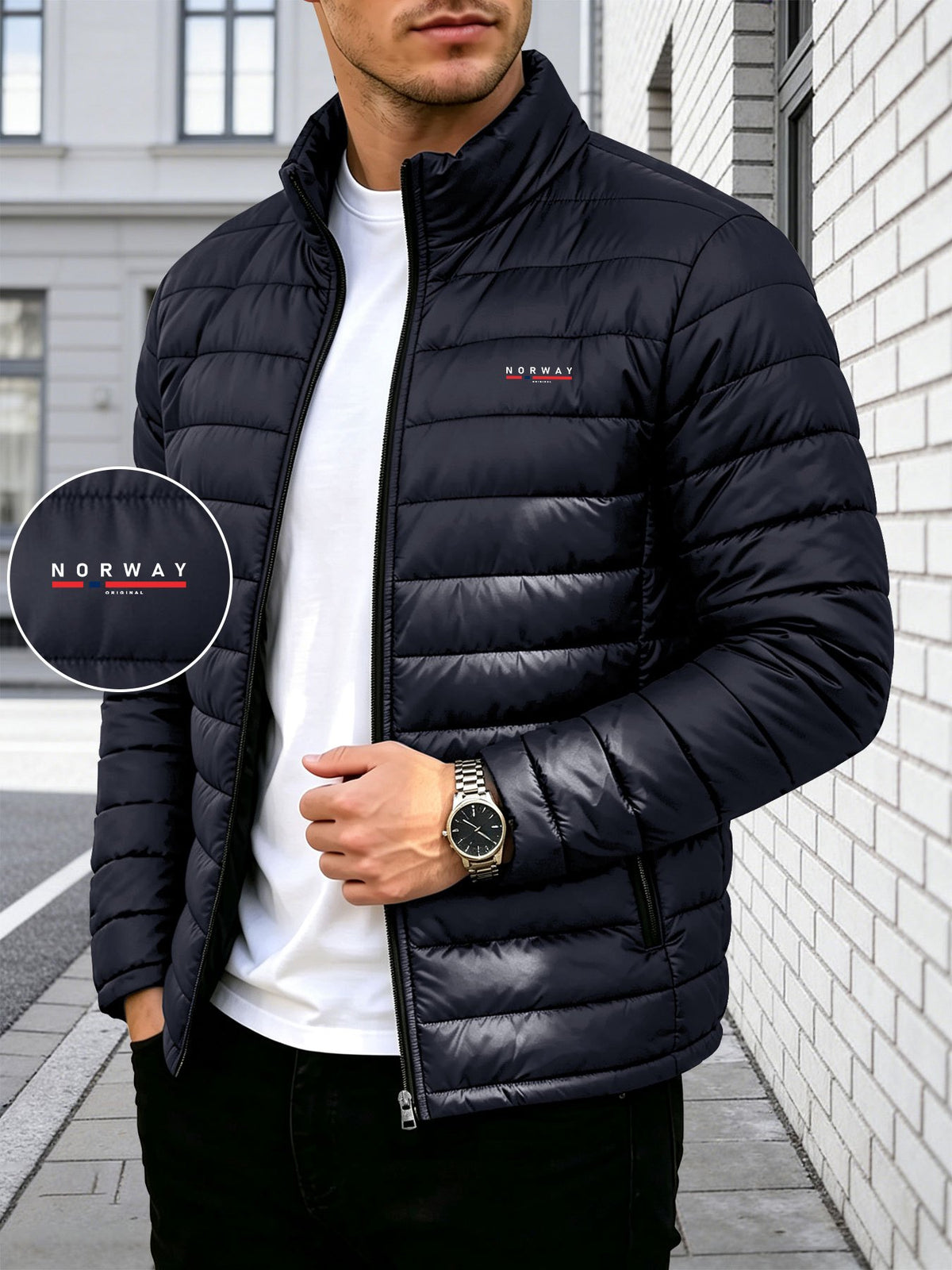 Manteau matelassé pour homme, à col montant, bleu marine