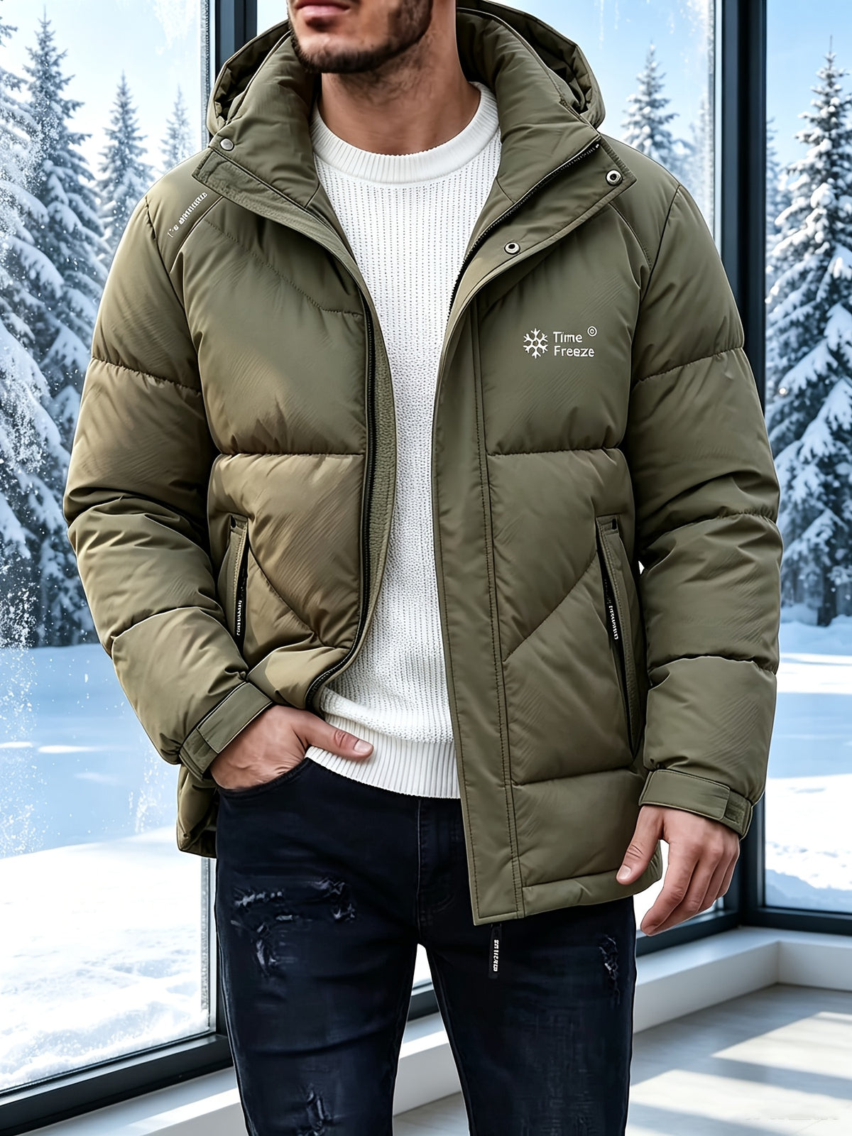 Manteau matelassé pour homme, à capuche, vert fougère